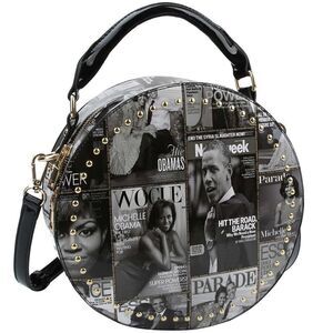 Obama Magazine Handbag Round Black/White glossy collage Purse, tote NWT
